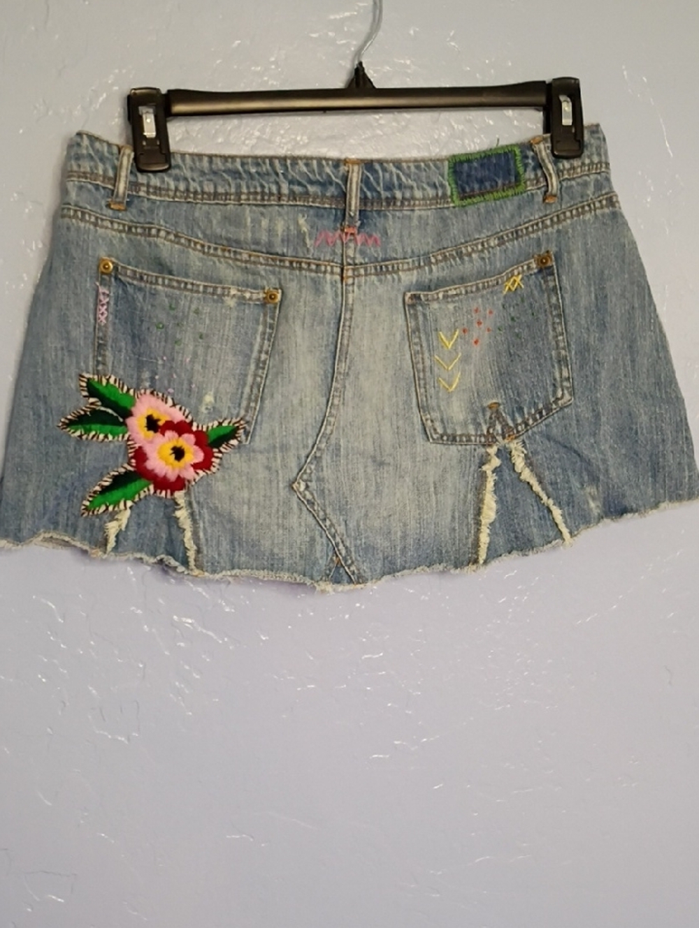 SO Light Blue Denim Mini Skirt with Floral Applique